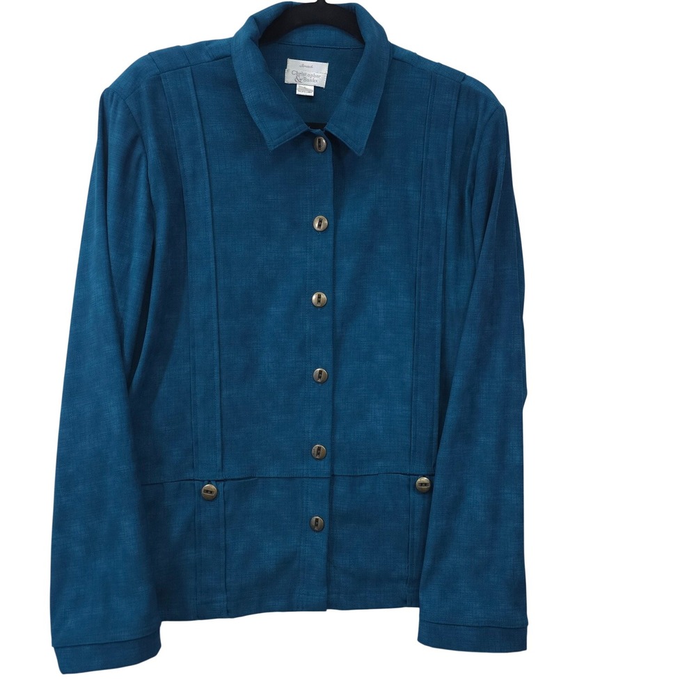 Christopher & Banks Teal Blue Button Front Stretch Jacket Blazer Womens L Career